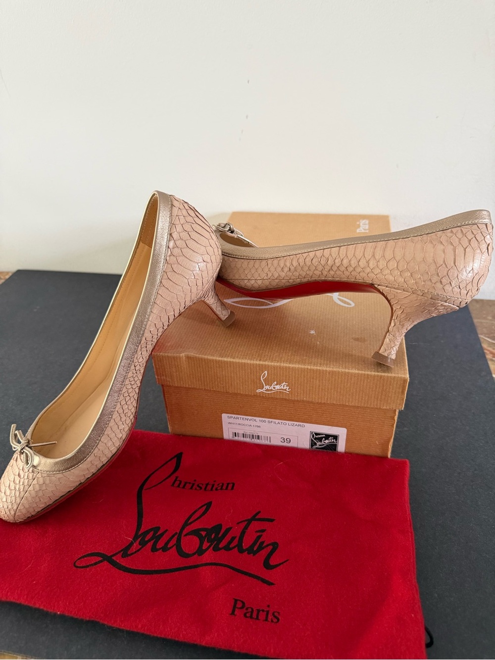 Christian Louboutin Metallic Blush Pink Snake-Embossed Kitten Heels